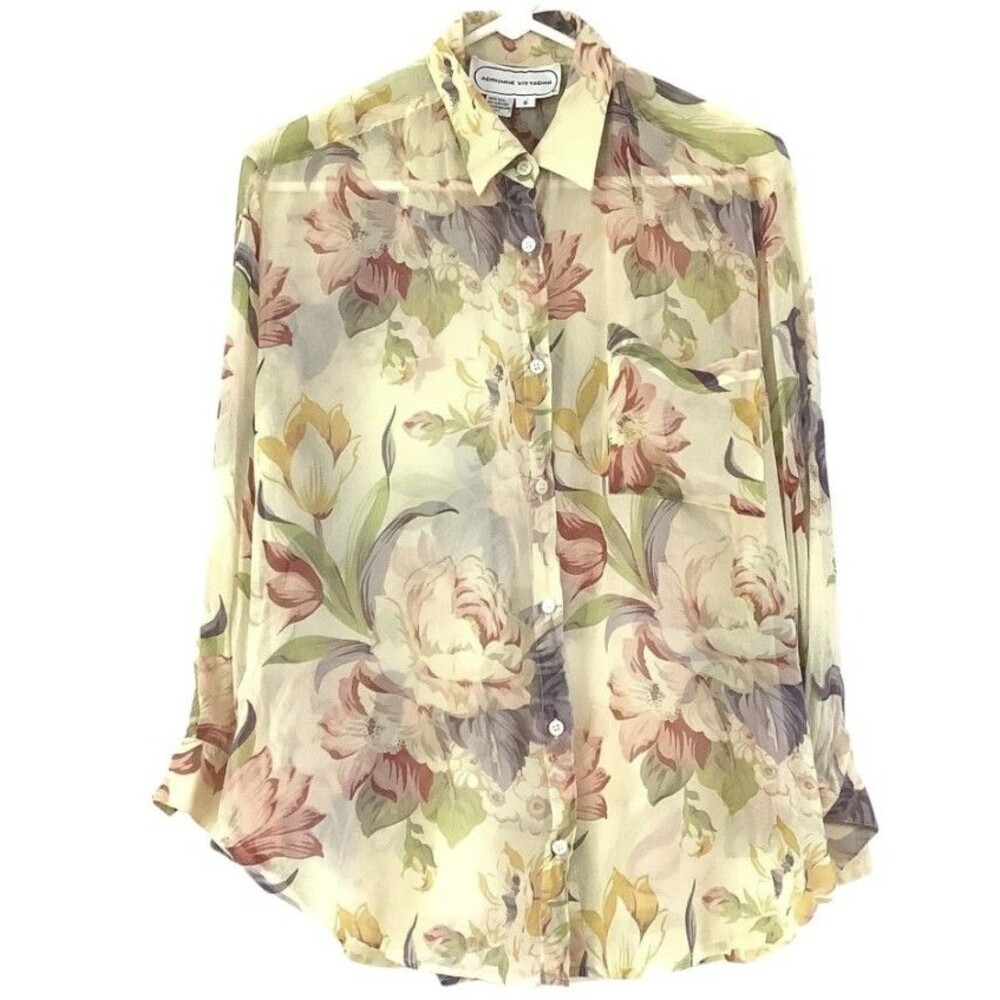 Adrienne Vittadini Elegant 100% Silk Sheer Butter Yellow Floral Summer Blouse S‎
